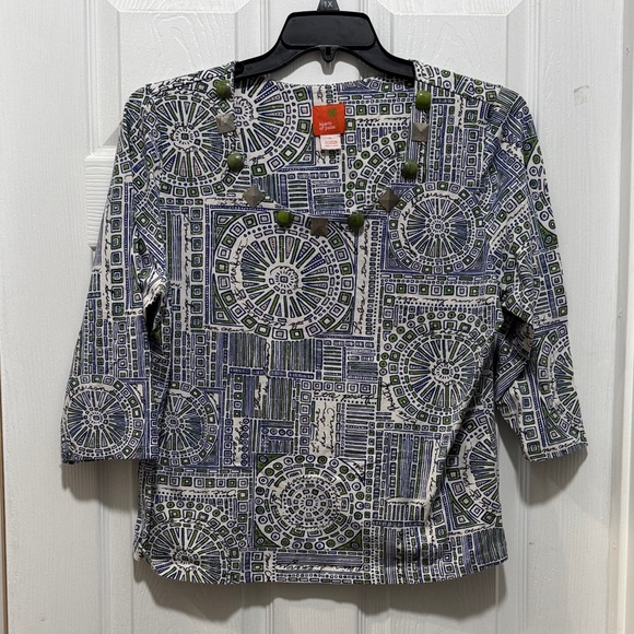 hearts of palm Tops - Hearts of Palm Blue and Green Embellished Geometric Long Sleeve Top